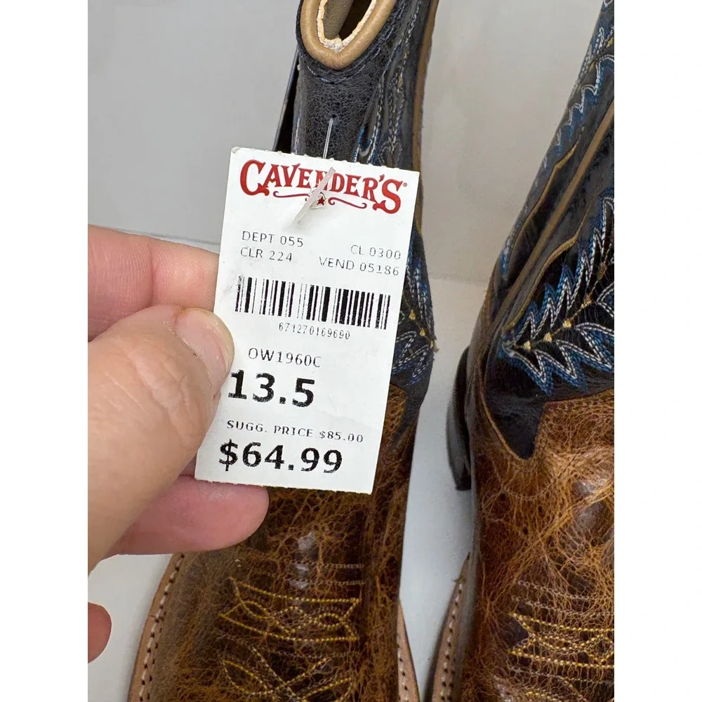 Old West Kids Boys Burnt Tan Navy Blue Square Toe Cowboy Boots BSC1960 13.5D